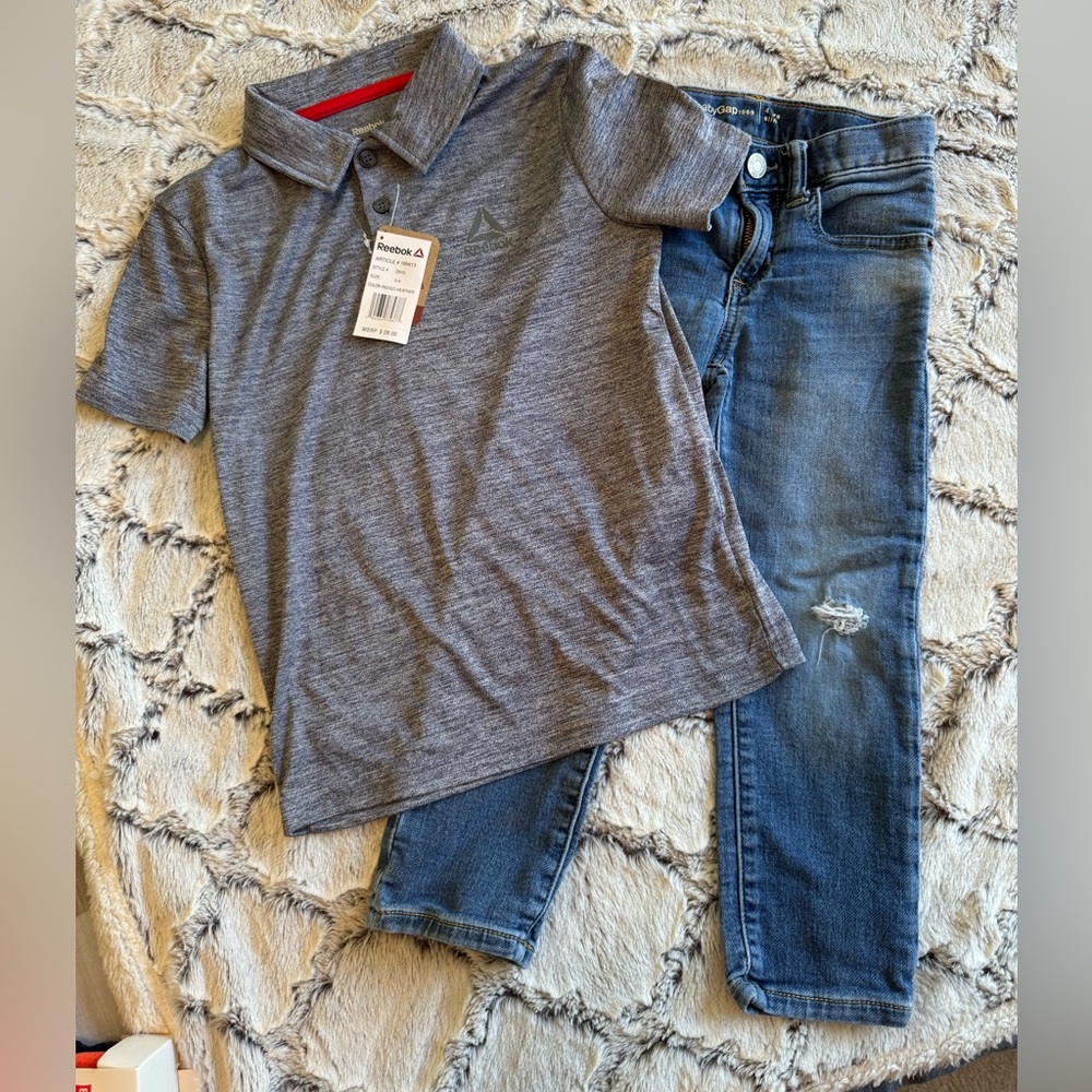 Boys grey polo shirt-NWT size 5/6 REEBOK and denim jeans-4 years baby gap.